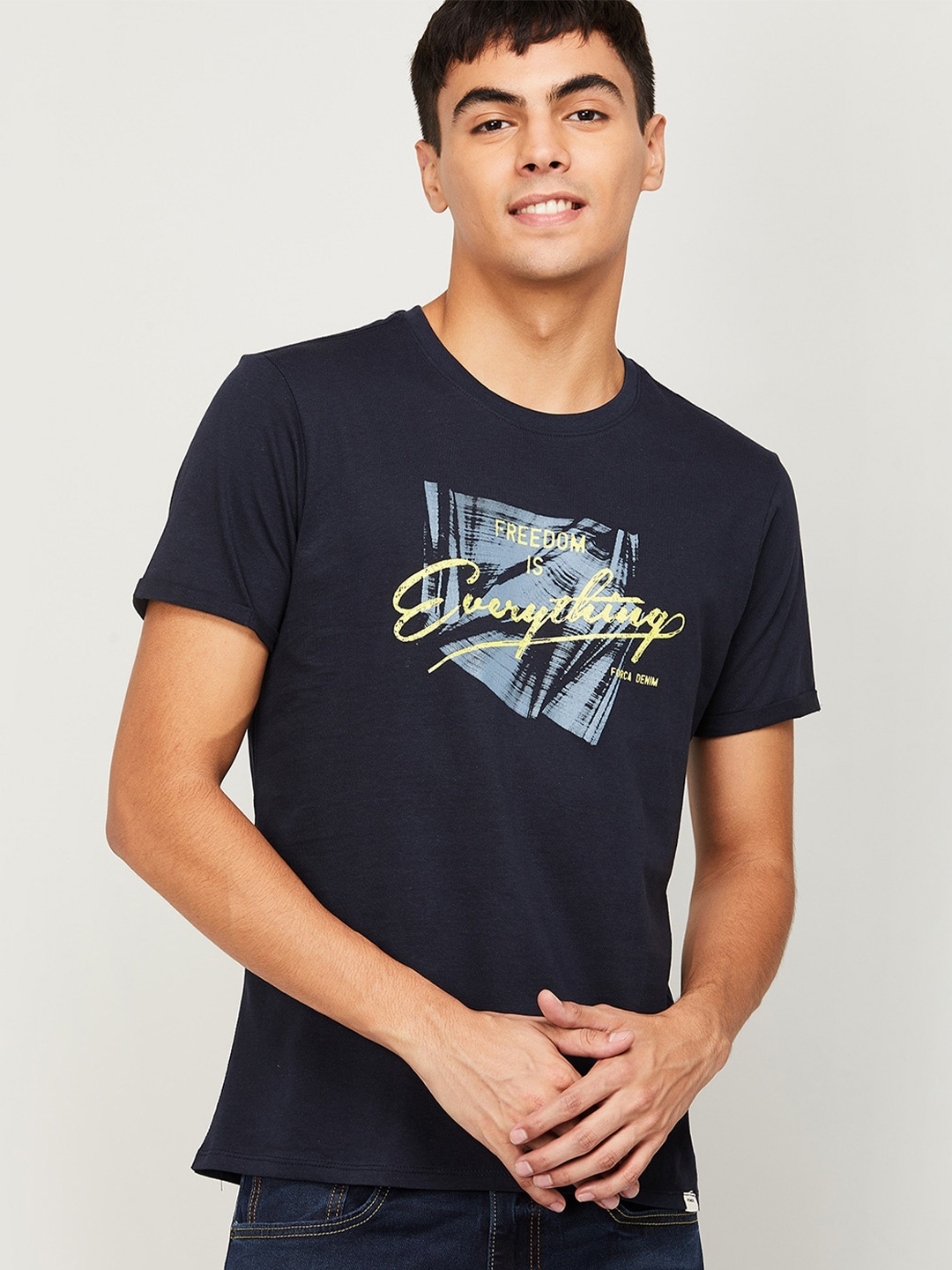 Forca by Lifestyle Men Navy Blue Typography Printed Slim Fit T-shirt
