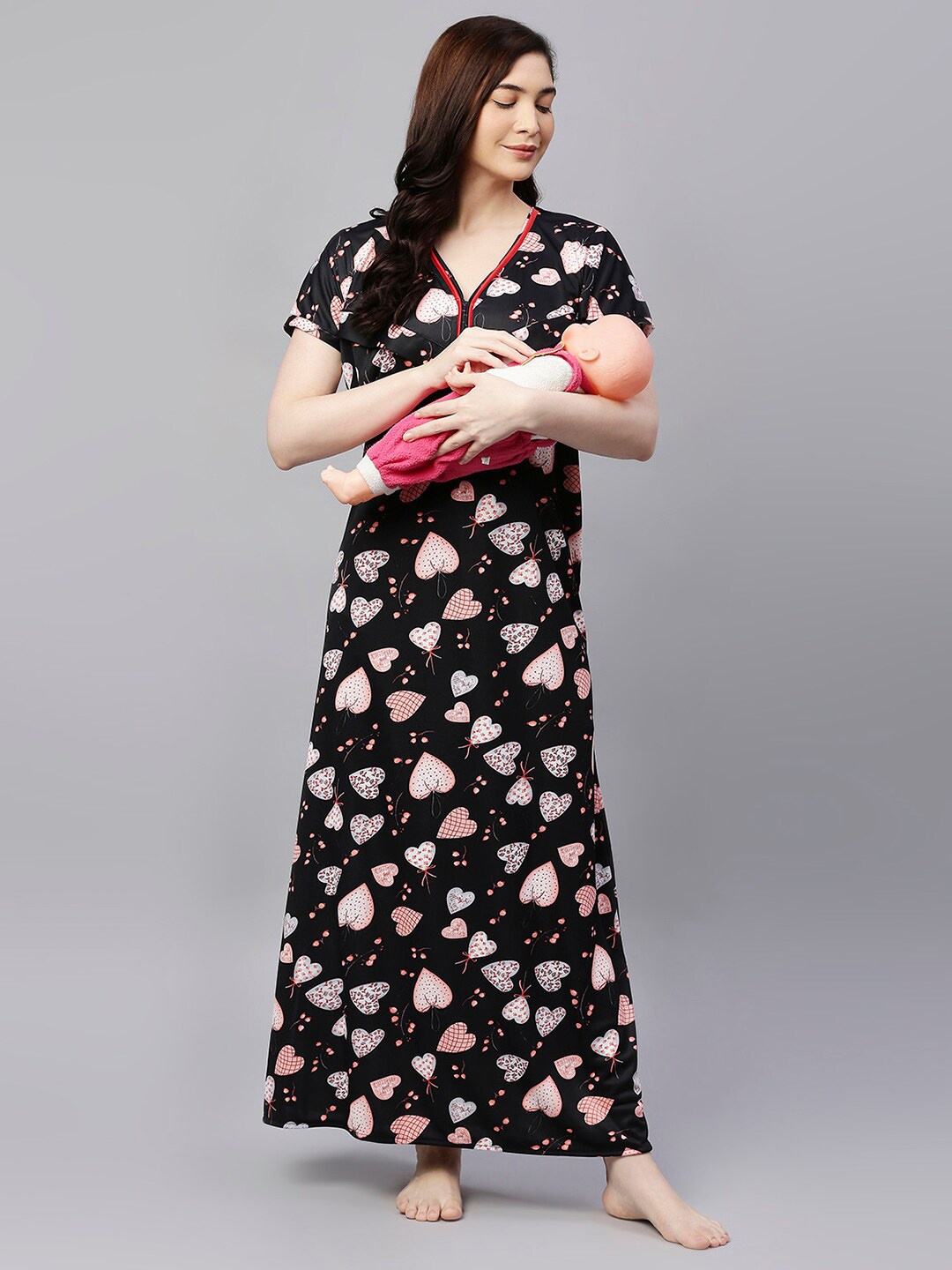 Pretty Awesome Black Printed Feeding Maternity Feeding Maxi Nightdress