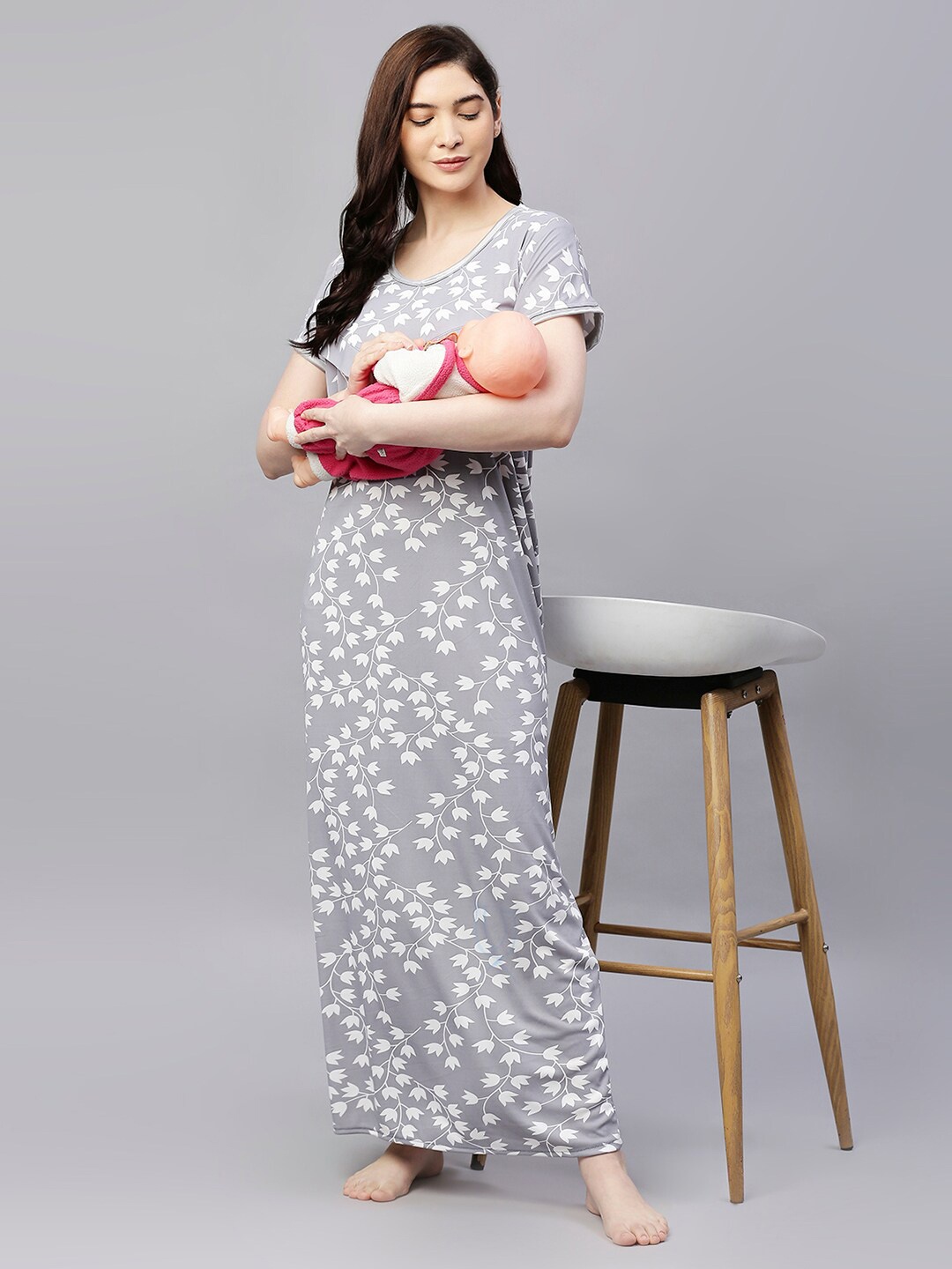 Pretty Awesome Grey Printed Feeding Maternity Feeding Maxi Nightdress
