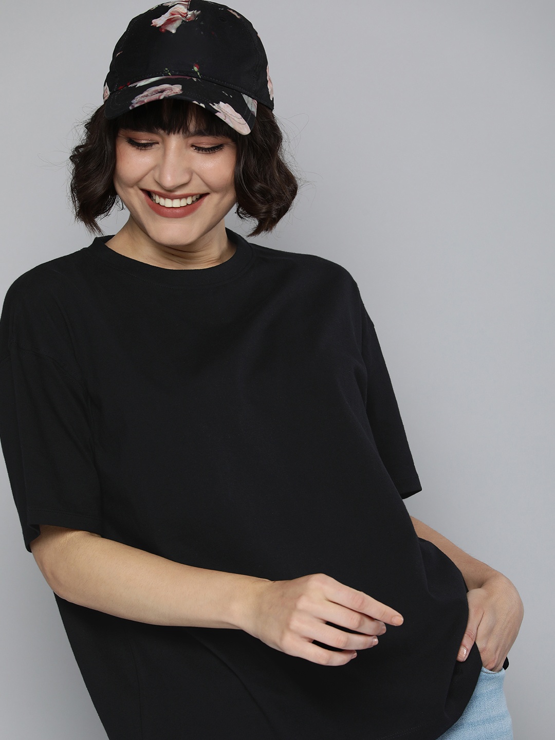 HERE&NOW Women Black Drop-Shoulder Sleeves Pure Cotton T-shirt