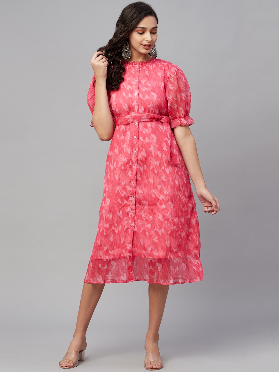 Myshka Pink Printed Puff Sleeves Organza A-Line Maxi Dress
