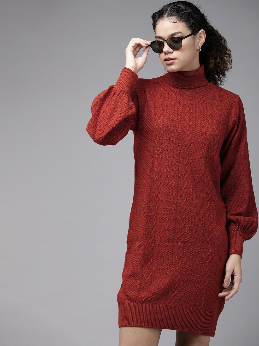 The Roadster Life Co. Women Rust Red Self-Design Striped Open-Knit Bodycon Sweater Dress
The Roadster Life Co. Women Rust Red Self-Design Striped Open-Knit Bodycon Sweater Dress