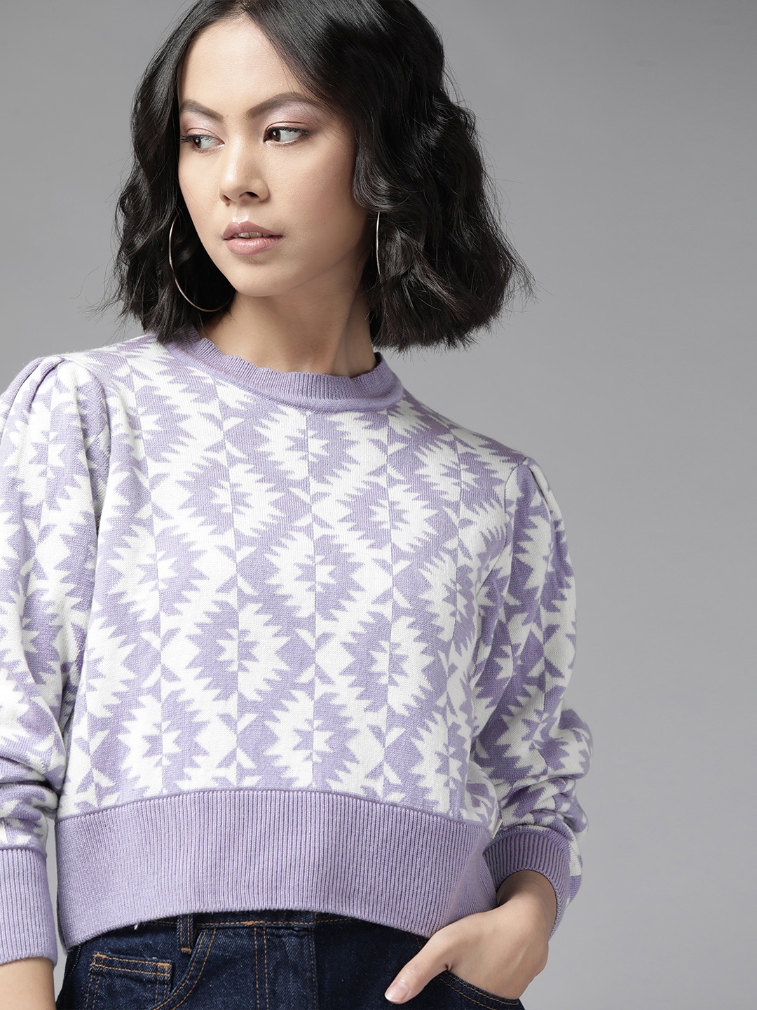 The Roadster Lifestyle Co. Women White & Lavender Geometric Pattern Puff Sleeves Pullover
The Roadster Lifestyle Co. Women White & Lavender Geometric Pattern Puff Sleeves Pullover