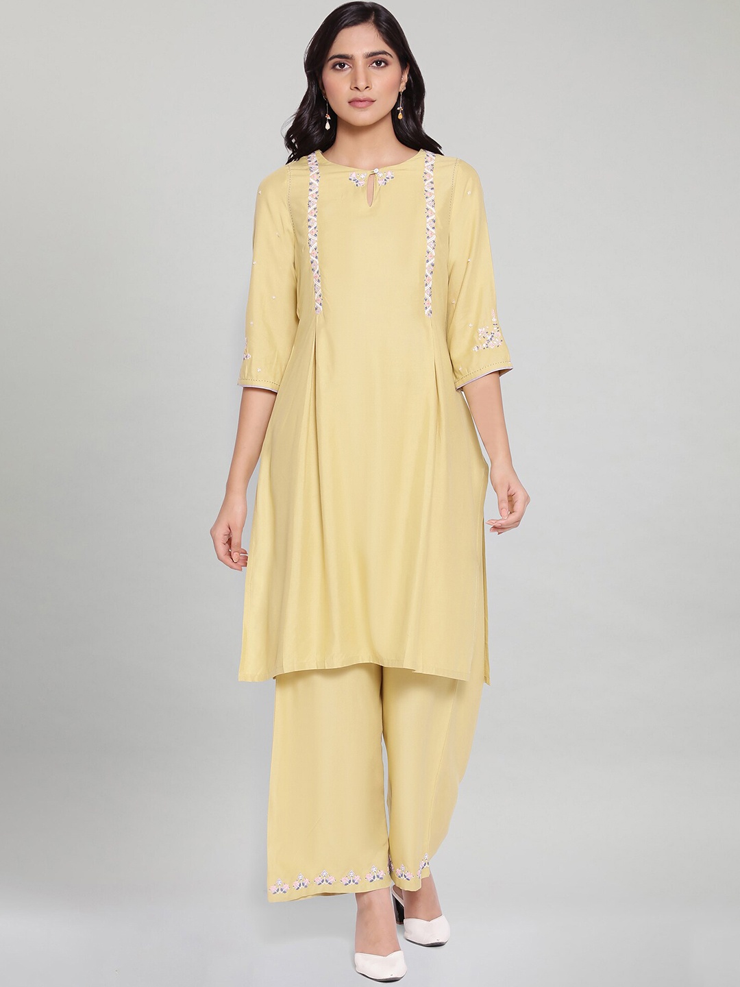 W Women Yellow Pleated Kurta with Palazzos