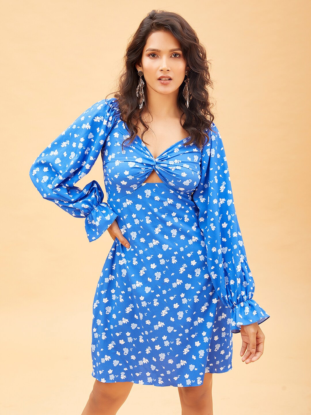 POPPI Women Blue & White Floral Crepe Dress