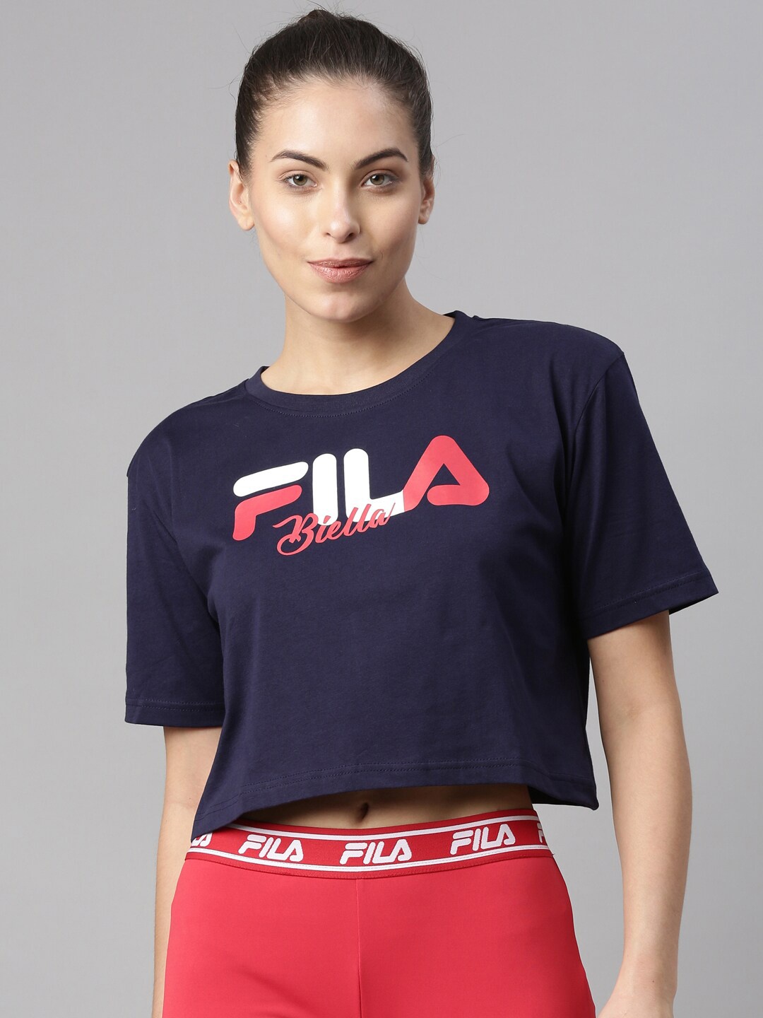 FILA Women Blue Typography Printed Drop-Shoulder Sleeves Organic Cotton T-shirt