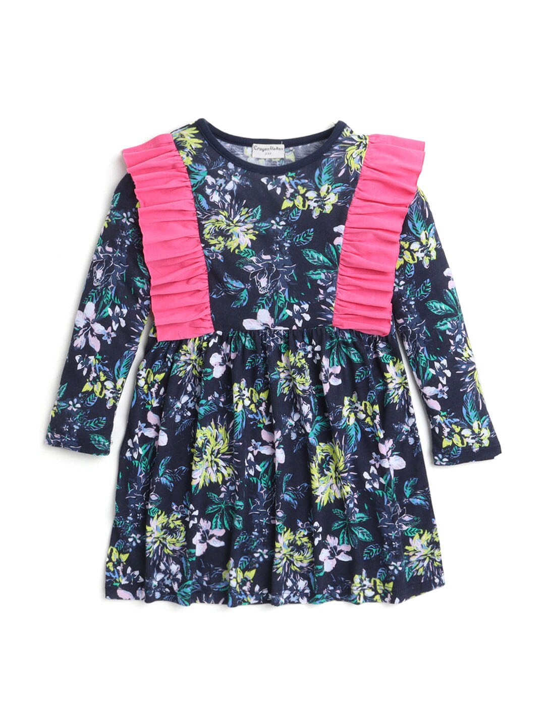Hopscotch Navy Blue & Green Floral Cotton Dress