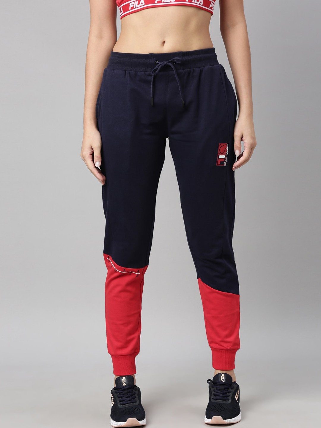 FILA Women Blue & Red Colourblocked Cotton Joggers