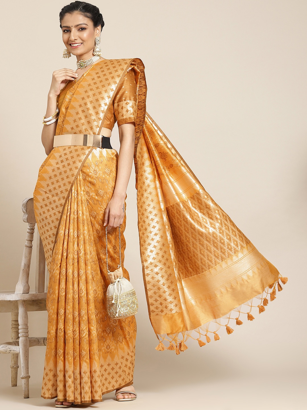 Satrani Yellow & Gold-Toned Woven Design Silk Cotton Saree
