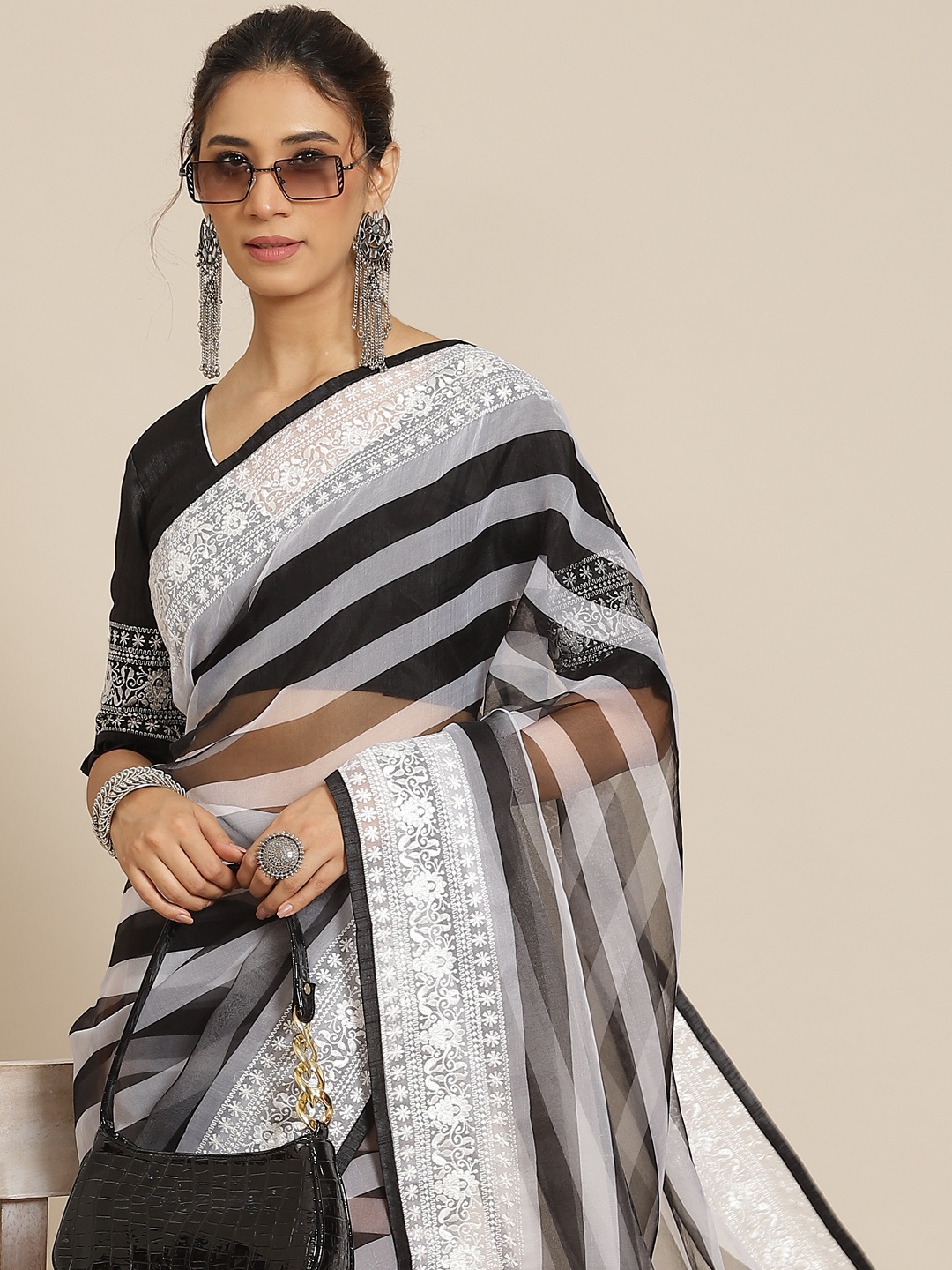 RAJGRANTH Black & White Striped Organza Saree