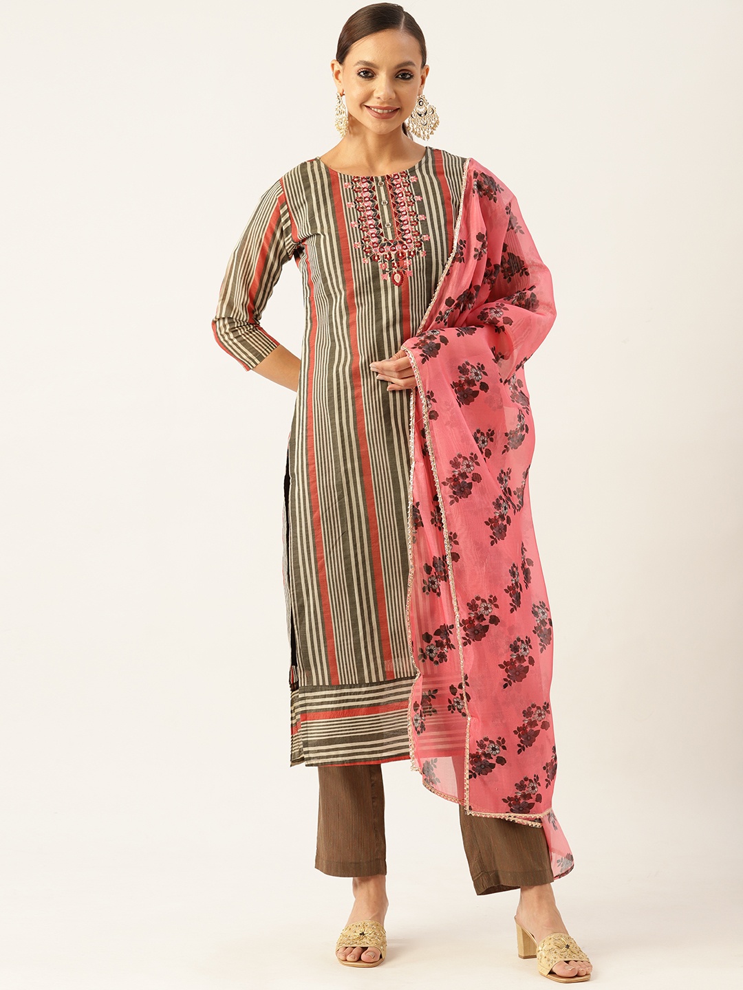 VAABA Women Grey Striped Thread Work Chanderi Silk Kurta with Trousers & With Dupatta
VAABA Women Grey Striped Thread Work Chanderi Silk Kurta with Trousers & With Dupatta