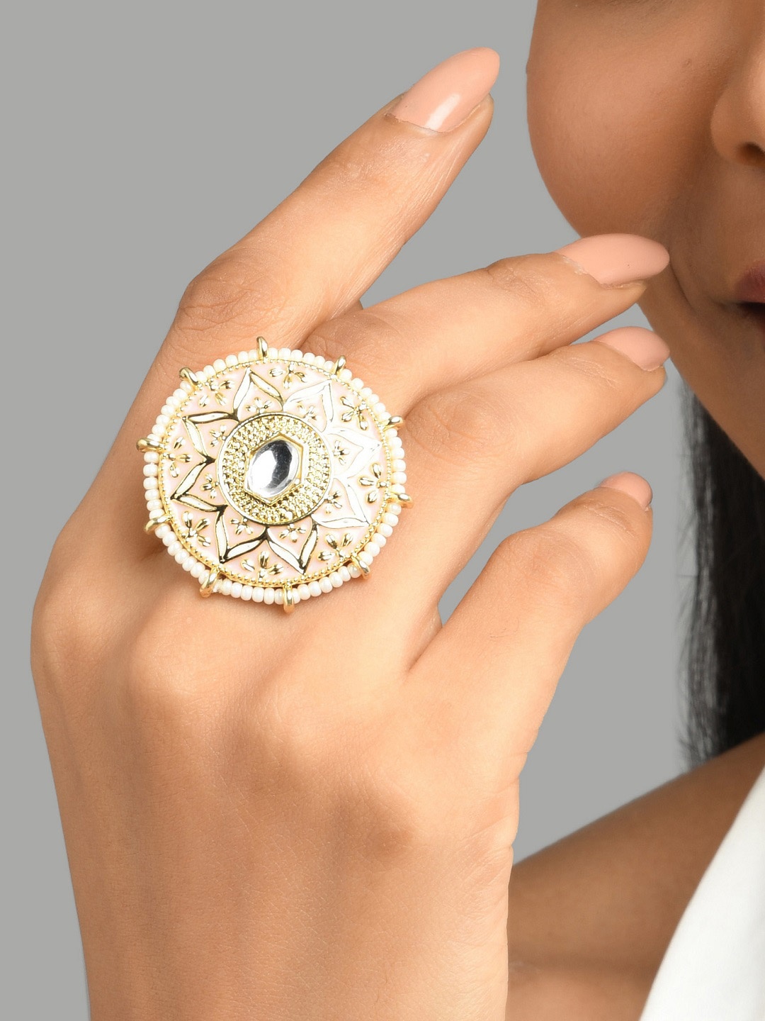 Fida Gold-Plated White & Pink Stone Studded & Beaded Handcrafted Adjustable Finger Ring
Fida Gold-Plated White & Pink Stone Studded & Beaded Handcrafted Adjustable Finger Ring