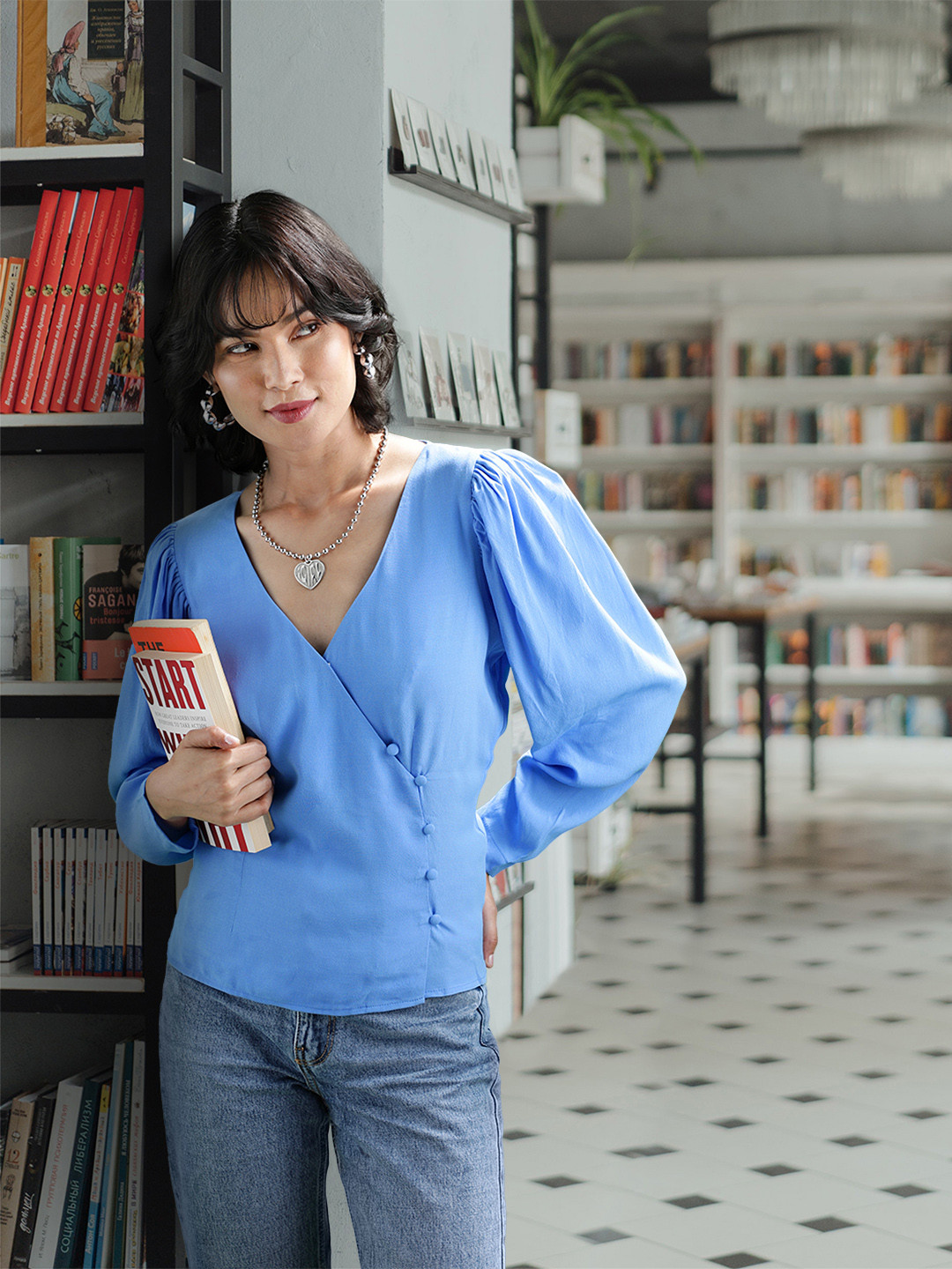 MANGO Women Blue Solid Wrap Top
MANGO Women Blue Solid Wrap Top