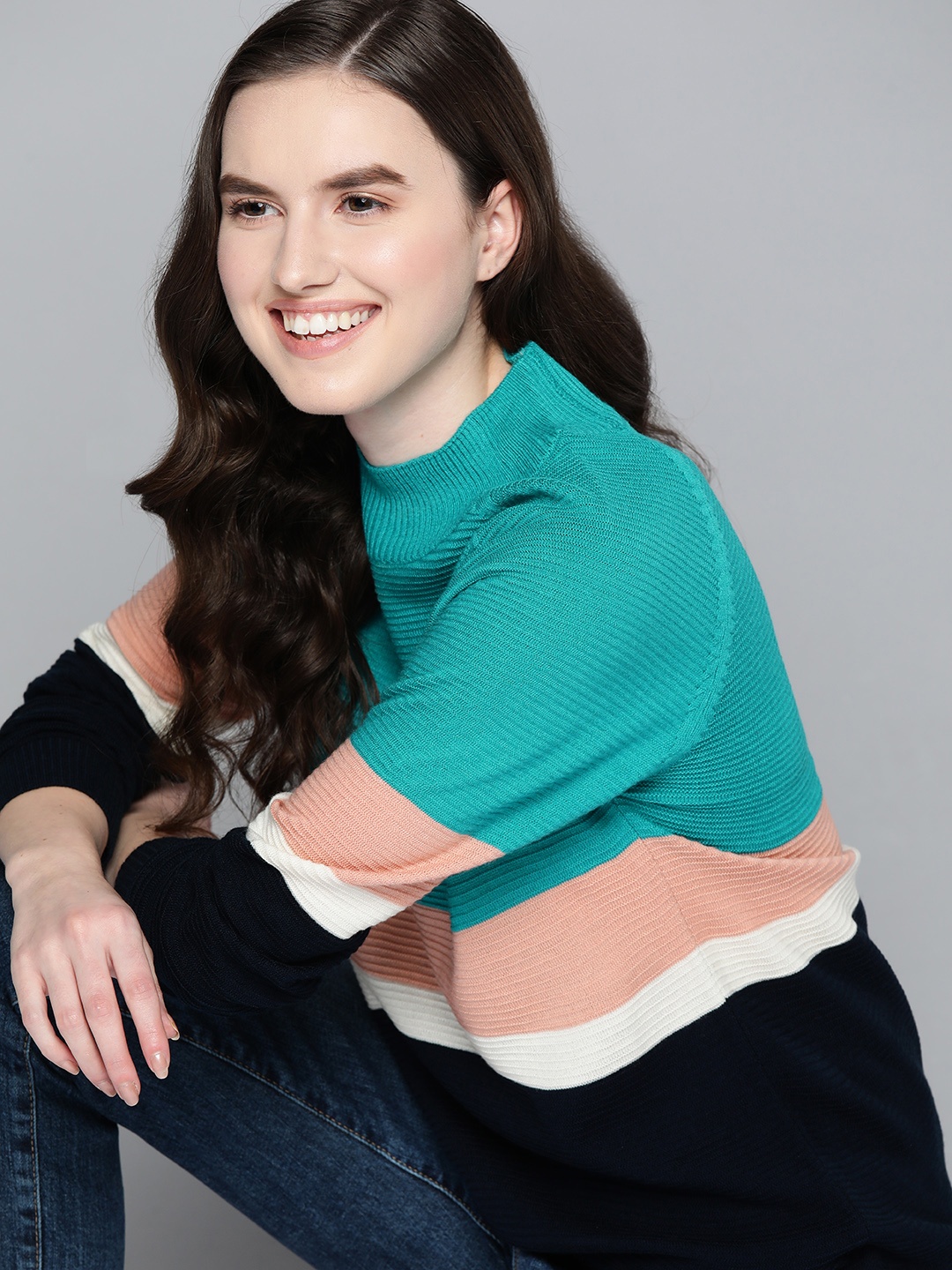 Mast & Harbour Women Teal Green & Navy Blue Striped Acrylic Raglan Sleeves Pullover
Mast & Harbour Women Teal Green & Navy Blue Striped Acrylic Raglan Sleeves Pullover
