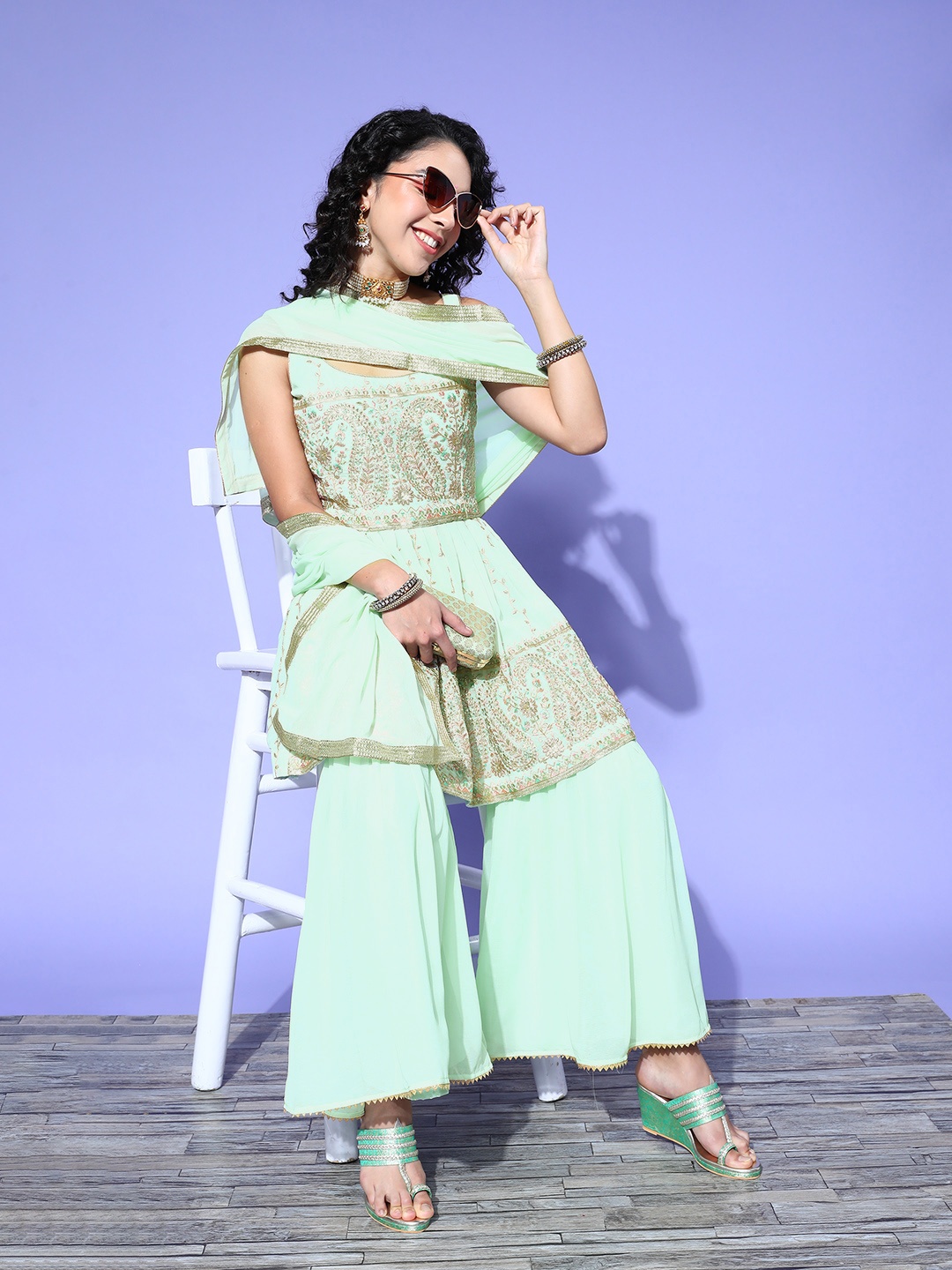 Chhabra 555 Women Sea Green Embroidered Made to Measure Kurta with Sharara & Dupatta
Chhabra 555 Women Sea Green Embroidered Made to Measure Kurta with Sharara & Dupatta