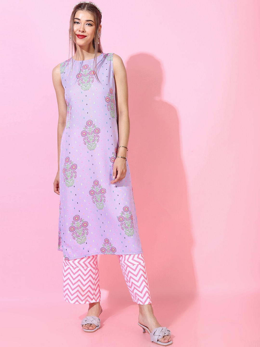 Vishudh Women Lavender Ethnic Motifs Printed Cotton A-line Kurta