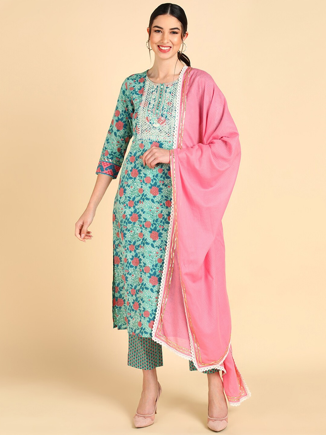 AHIKA Women Sea Green Floral Yoke Design Thread Work Pure Cotton Kurta with Trousers & With Dupatta
AHIKA Women Sea Green Floral Yoke Design Thread Work Pure Cotton Kurta with Trousers & With Dupatta