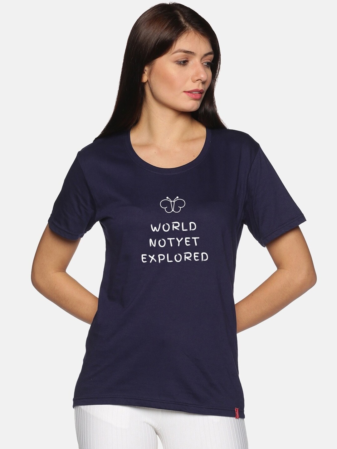 NOT YET by us Women Navy Blue & White Typography Printed T-shirt
