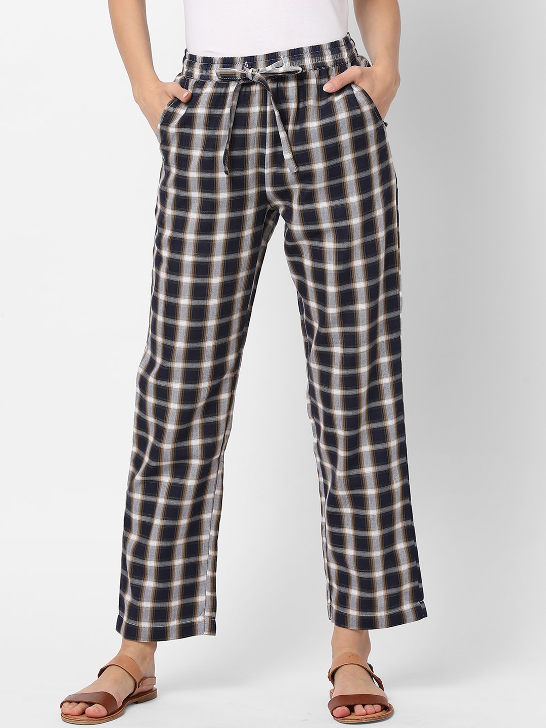 VASTRADO Women Black & White Checked Cotton Lounge Pants