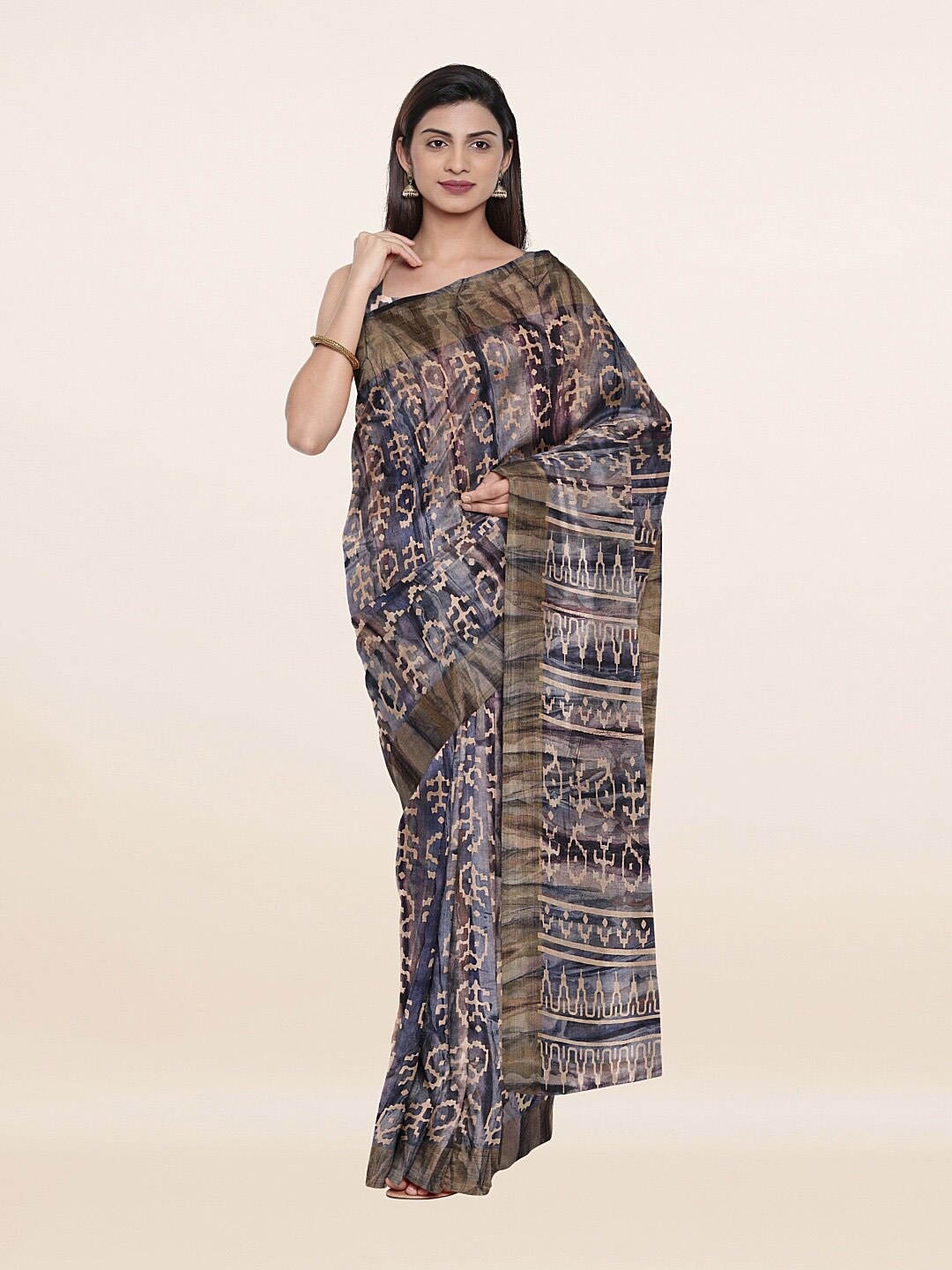 Pothys Blue & Cream-Coloured Geometric Printed Saree