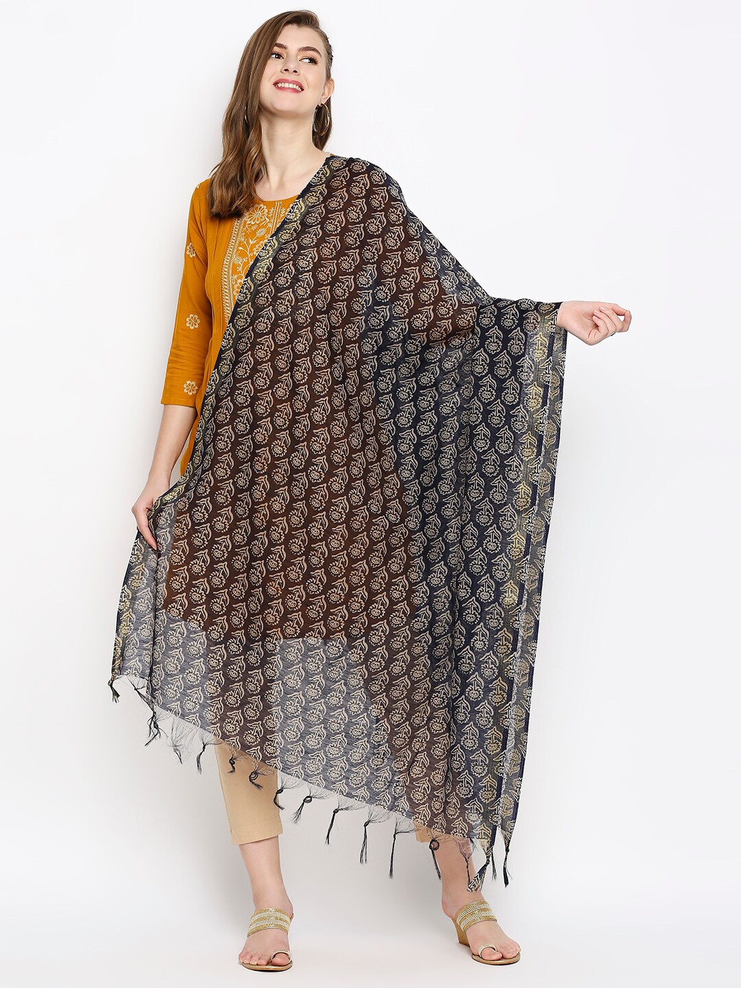 Dupatta Bazaar Navy Blue & Grey Printed Dupatta
