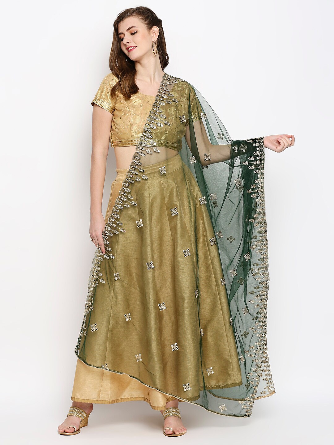 Dupatta Bazaar Green & Gold-Toned Ethnic Motifs Embroidered Dupatta with Mirror Work
Dupatta Bazaar Green & Gold-Toned Ethnic Motifs Embroidered Dupatta with Mirror Work