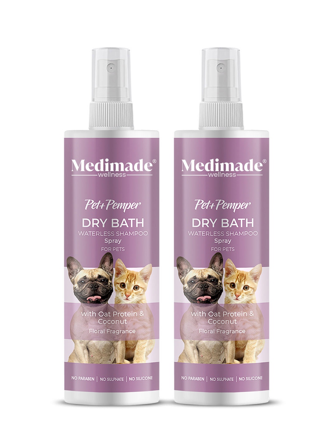 Medimade Set of 2 Dry Bath Pet Shampoo Sprays with Oat Protein & Coconut - 200ml each, Purple
Medimade Set of 2 Dry Bath Pet Shampoo Sprays with Oat Protein & Coconut - 200ml each, Purple