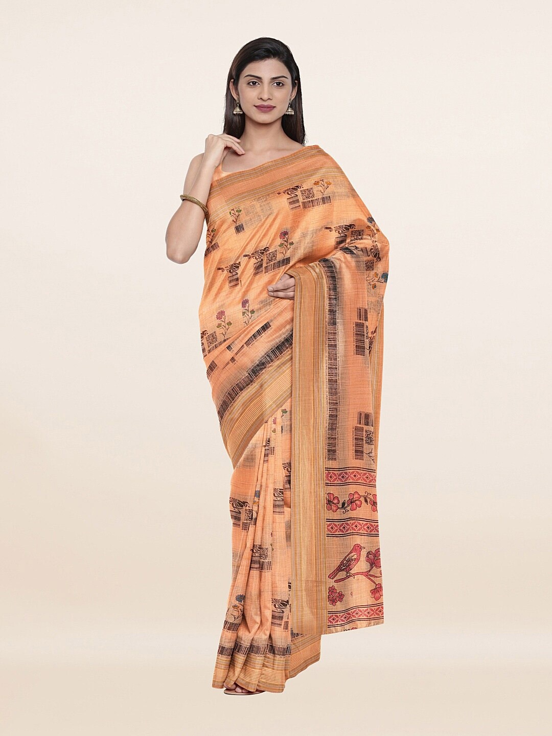 Pothys Peach-Coloured & Black Floral Printed Pure Cotton Saree