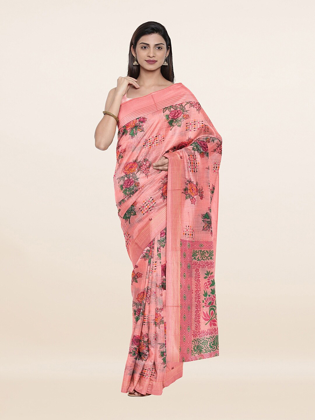 Pothys Pink & Green Floral Pure Cotton Saree
Pothys Pink & Green Floral Pure Cotton Saree