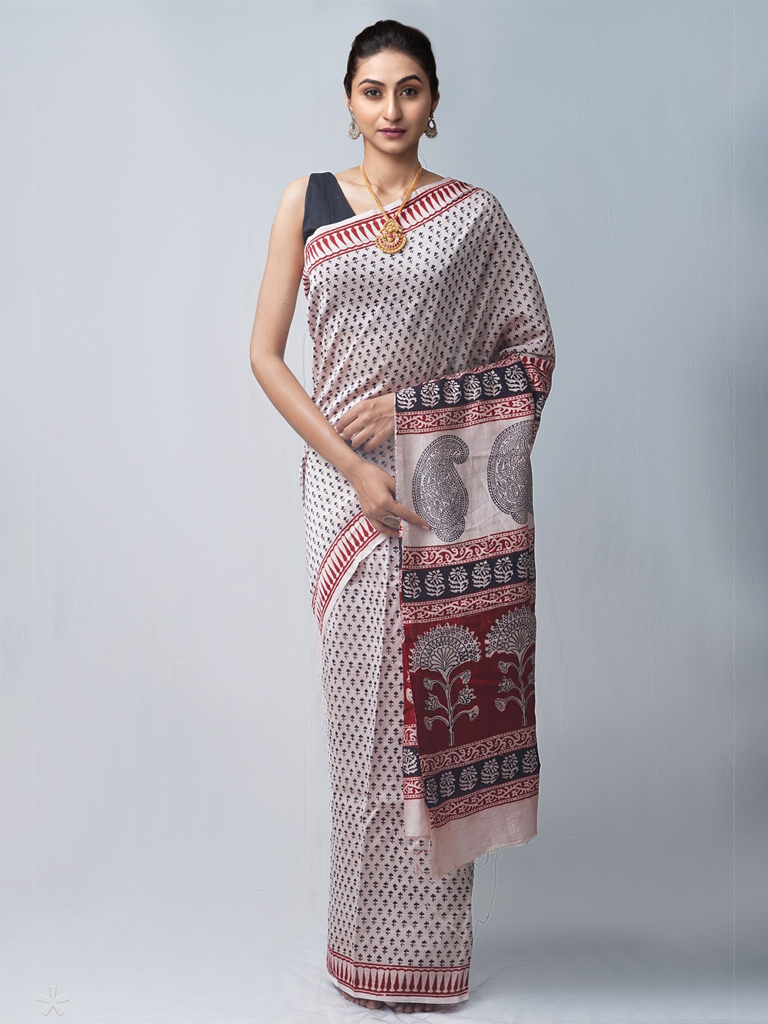 Unnati Silks Cream-Coloured & Black Bagh Pure Silk Chanderi Saree