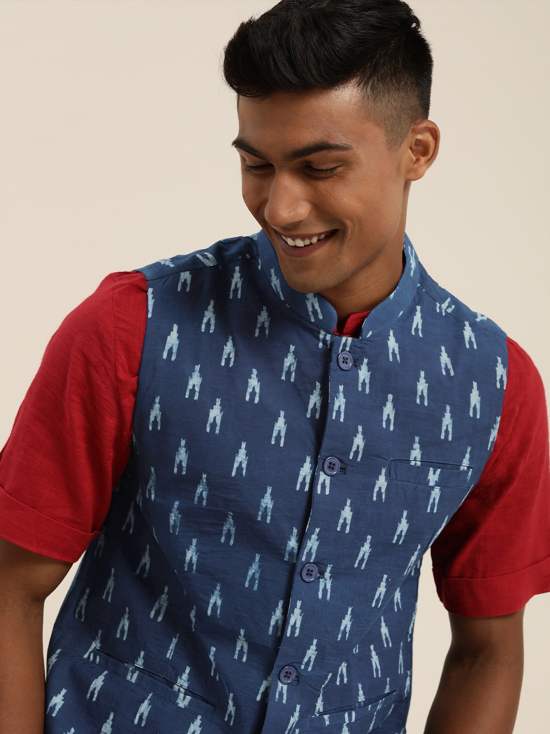 Taavi Men Blue & Off White Indigo Hand Block Printed Nehru Jackets with Mandarin Collar, Navy blue
Taavi Men Blue & Off White Indigo Hand Block Printed Nehru Jackets with Mandarin Collar, Navy blue