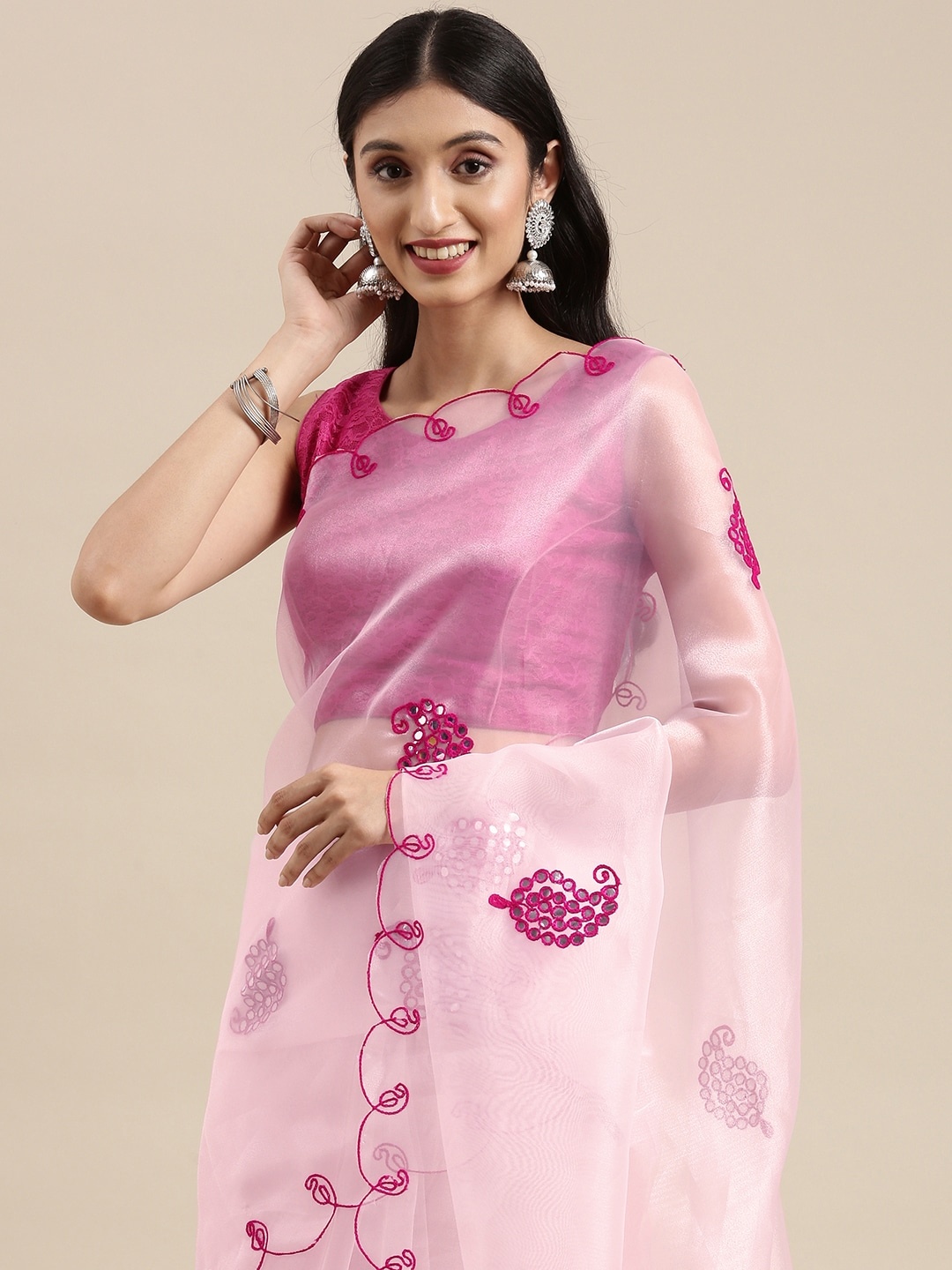 VASTRANAND Pink Paisley Mirror Work Organza Saree