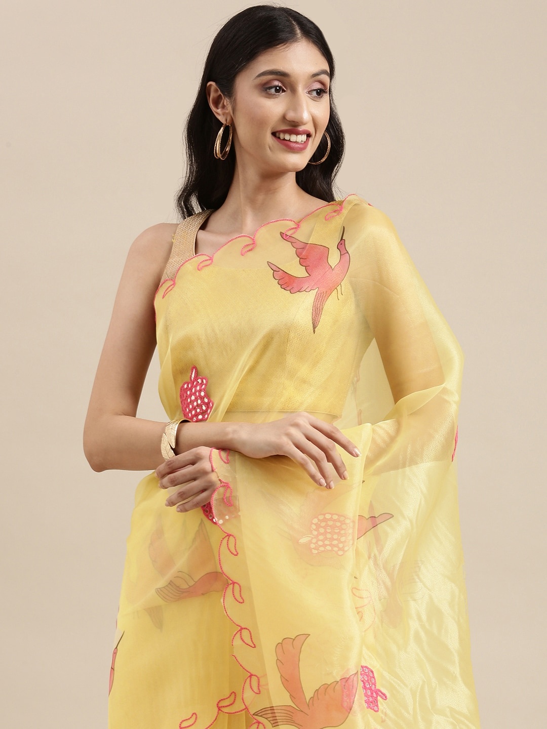 VASTRANAND Yellow & Pink Floral Mirror Work Organza Saree