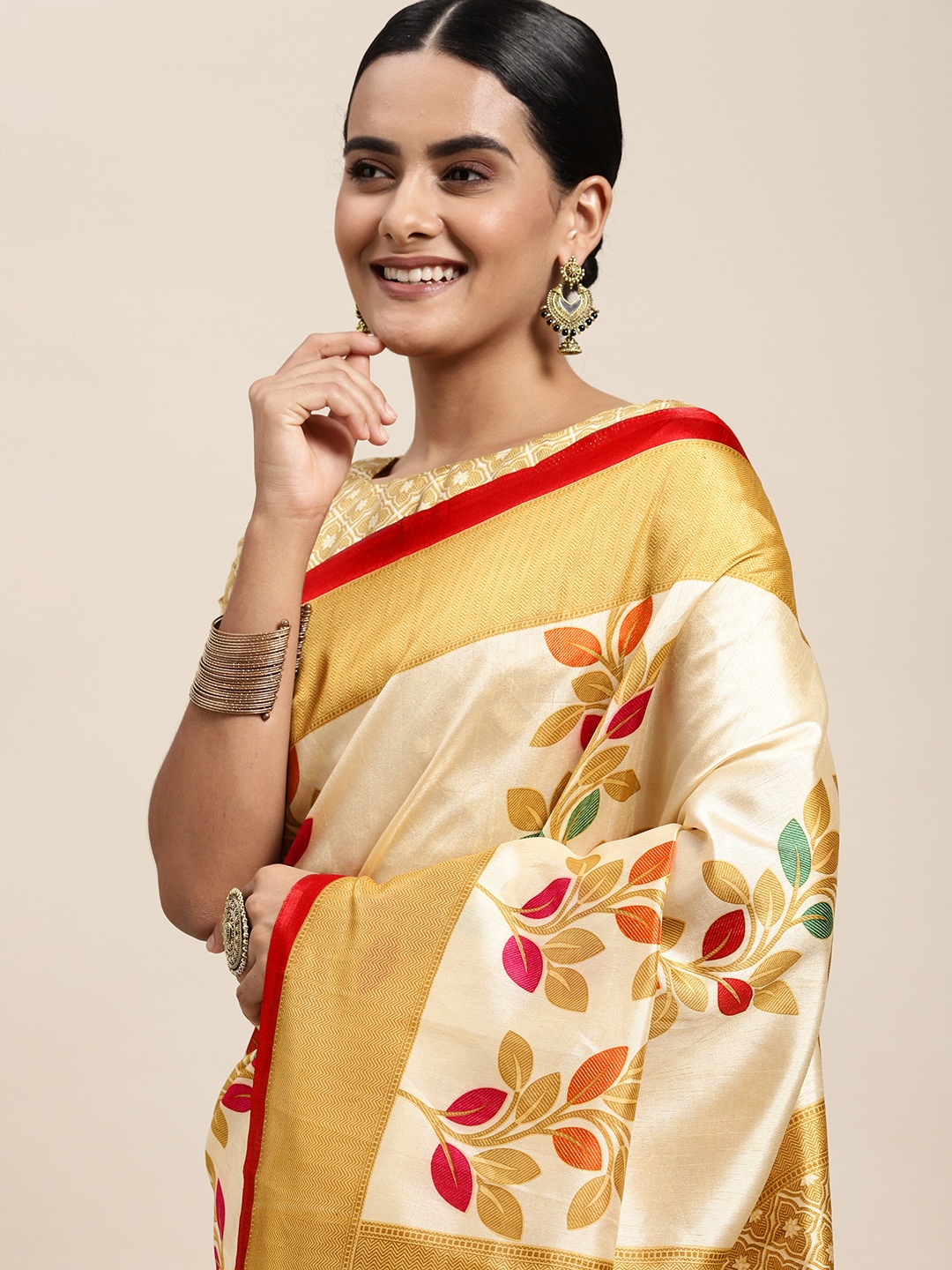 Saree mall Beige & Orange Floral Print Silk Blend Sarees