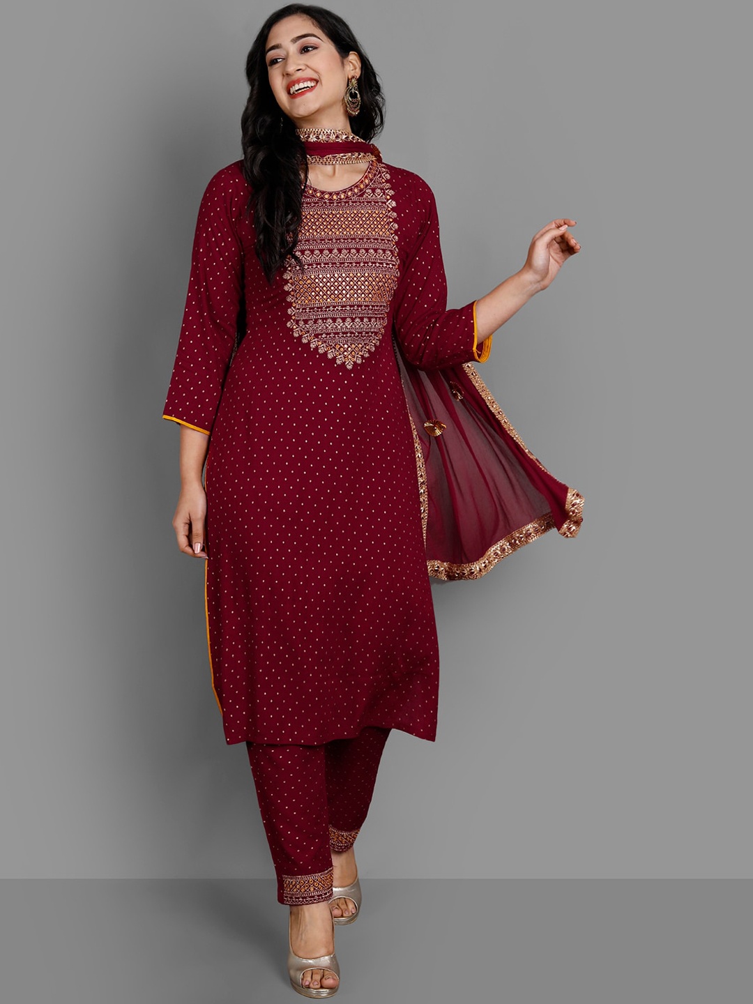 Ziva Fashion Women Maroon Ethnic Motifs Printed Layered Kurti with Trousers & With Dupatta
Ziva Fashion Women Maroon Ethnic Motifs Printed Layered Kurti with Trousers & With Dupatta