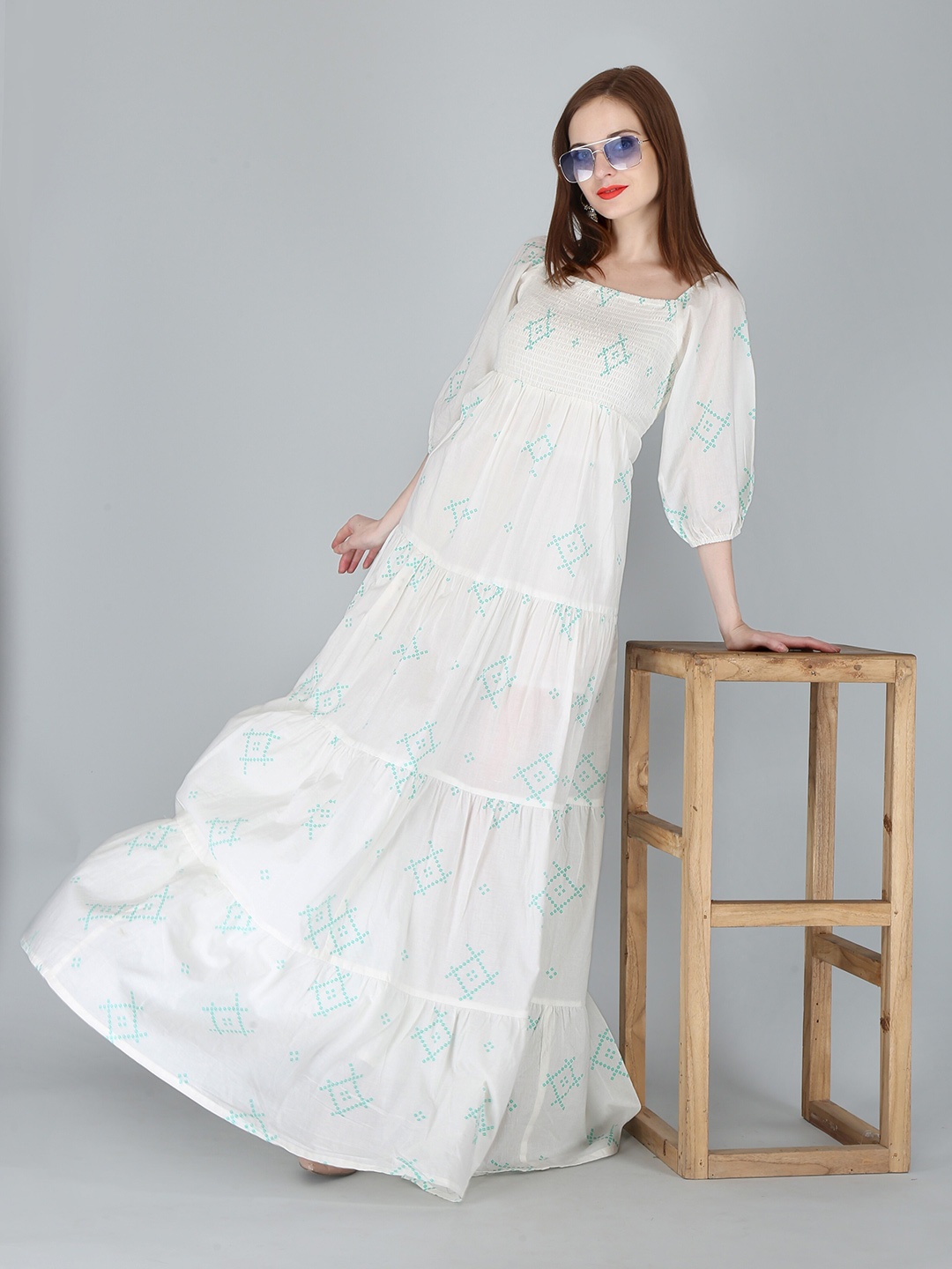 KALINI White Floral Ethnic Maxi Dress