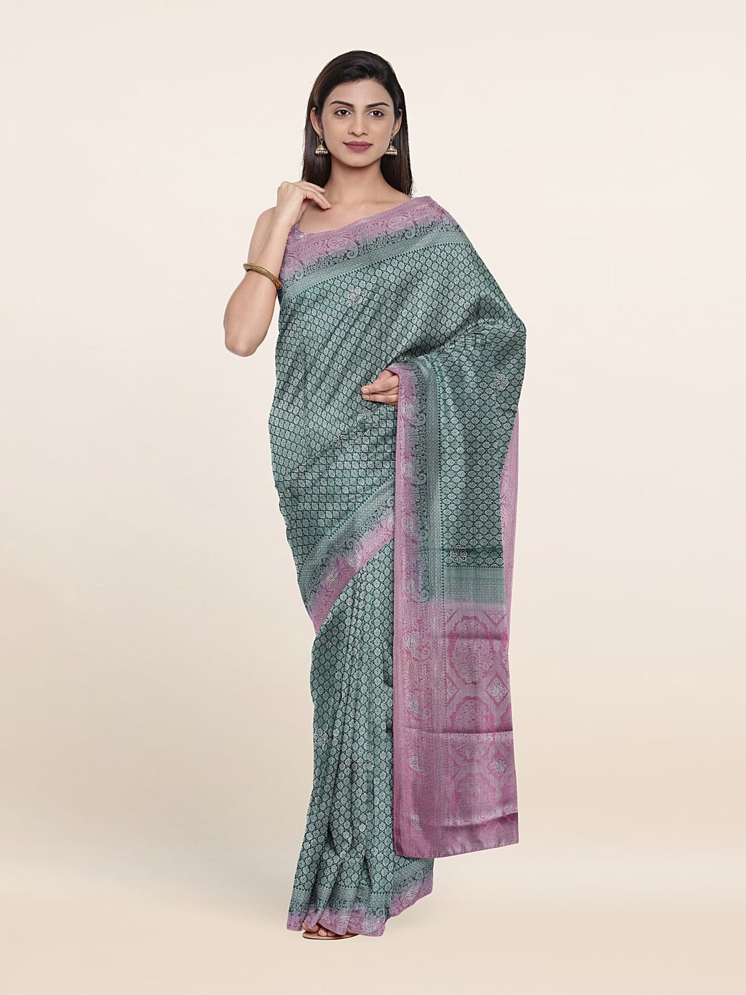 Pothys Green & Silver-Toned Ethnic Motifs Art Silk Saree