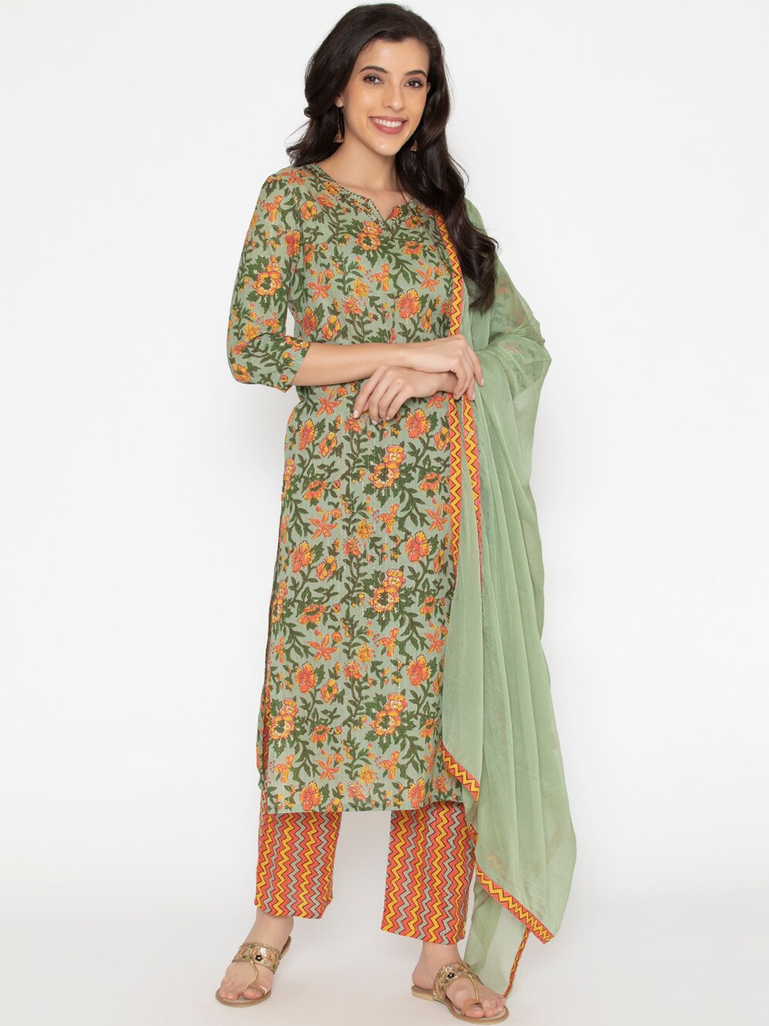SAABHI Women Green Printed Layered Thread Work Pure Cotton Kurti with Trousers & With Dupatta
SAABHI Women Green Printed Layered Thread Work Pure Cotton Kurti with Trousers & With Dupatta