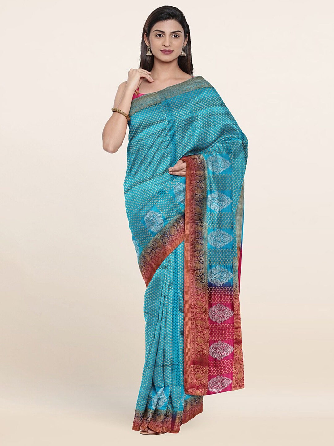 Pothys Blue & Red Ethnic Motifs Art Silk Zari Saree