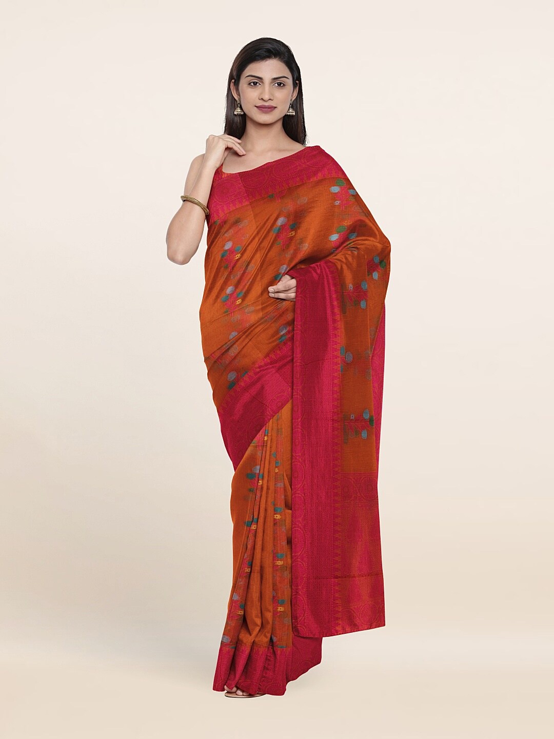 Pothys Orange & Red Floral Zari Saree