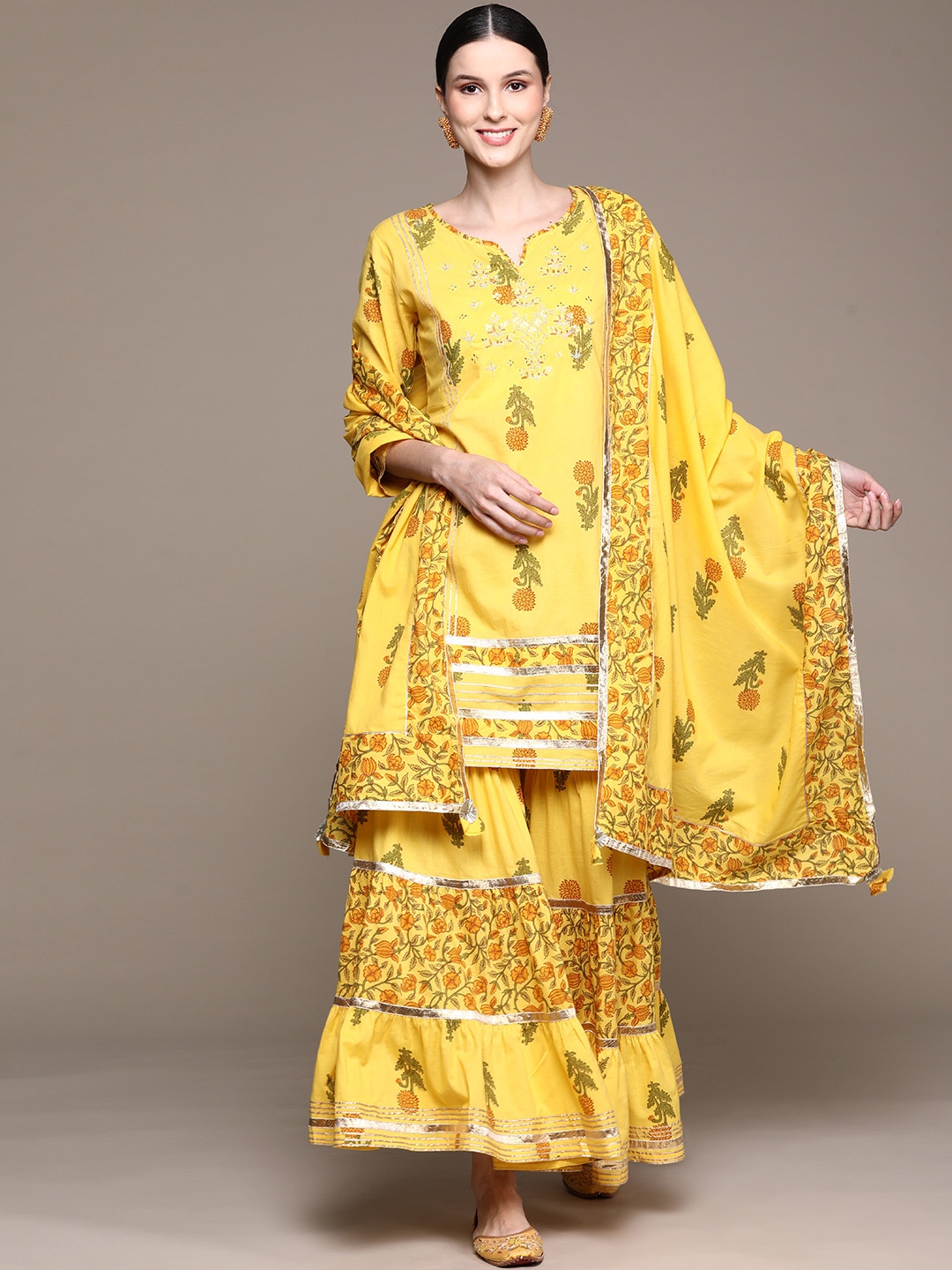 Ishin Women Yellow Floral Mirror Work Pure Cotton Kurta with Sharara & With Dupatta
Ishin Women Yellow Floral Mirror Work Pure Cotton Kurta with Sharara & With Dupatta