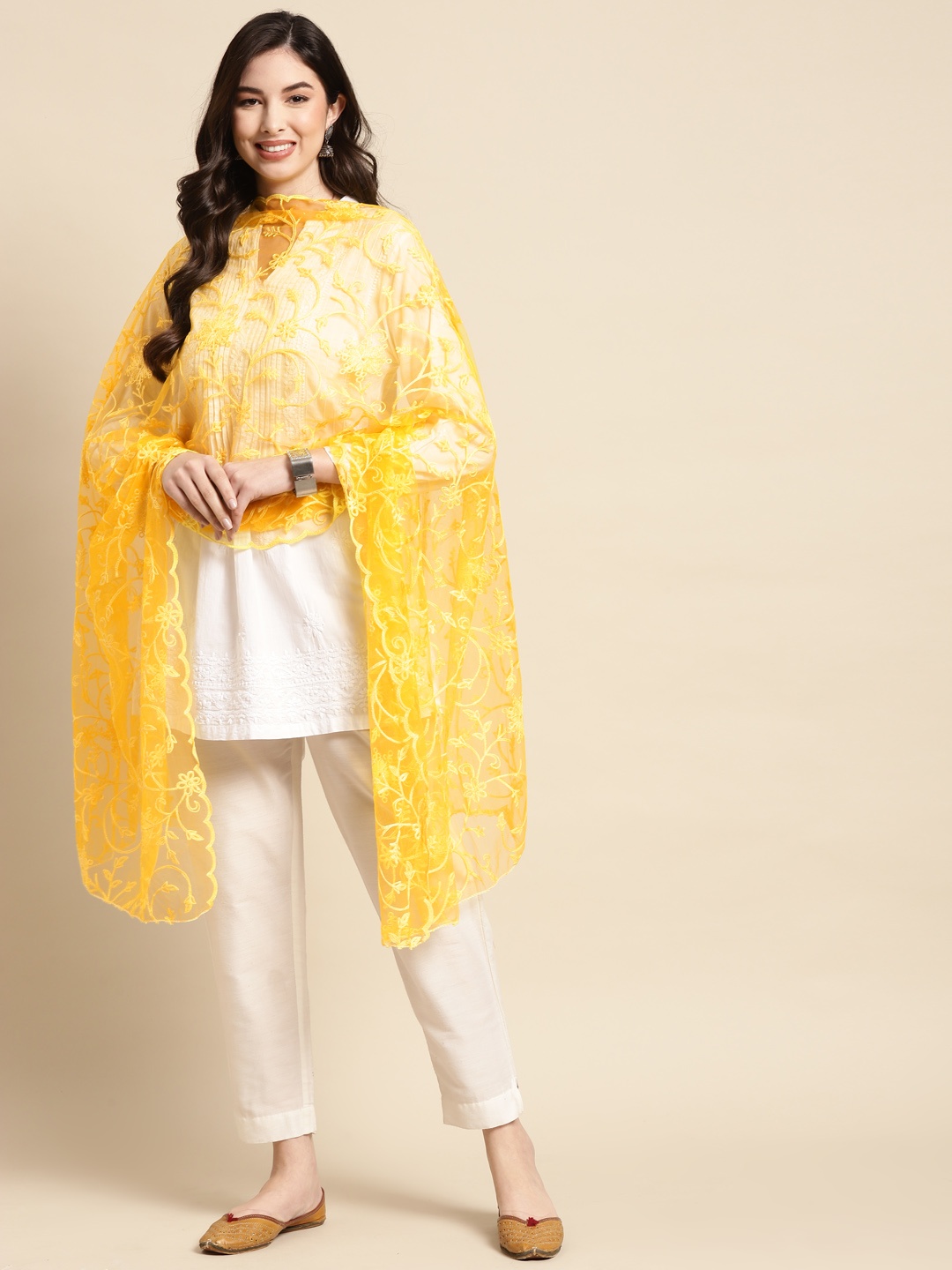 Saadgi Yellow Embroidered Dupatta with Chikankari