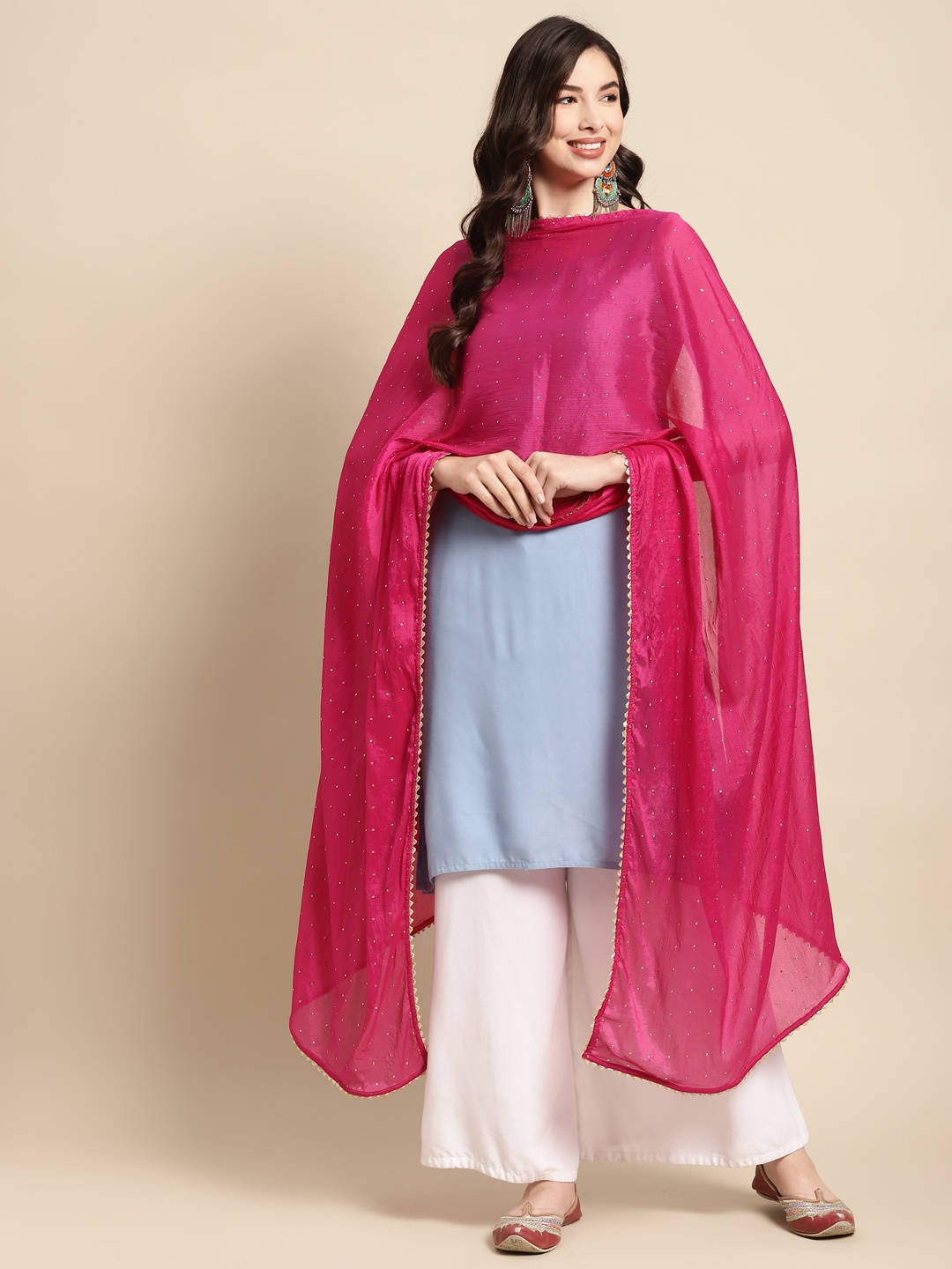 Saadgi Magenta & Golden Mukaish Handwork Dupatta With Gotta Patti