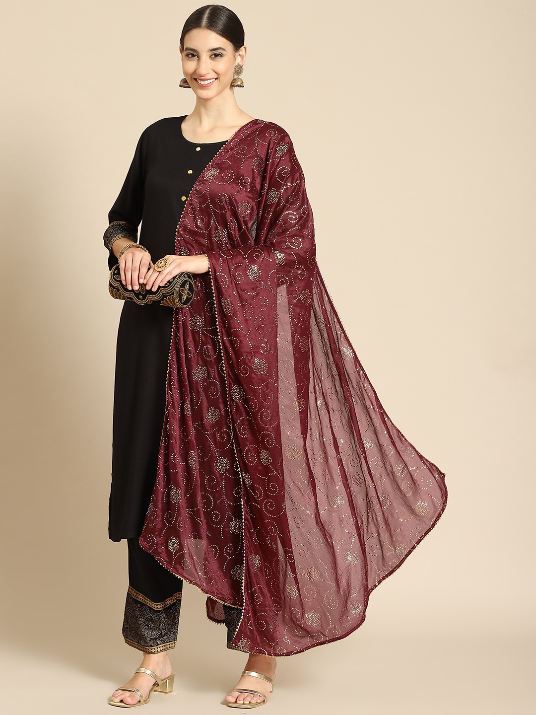Saadgi Maroon & Gold-Toned Ethnic Motifs Woven Design Dupatta with Mukaish