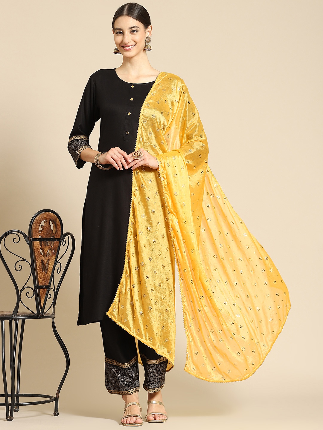 Saadgi Yellow & Gold-Toned Ethnic Motifs Woven Design Dupatta with Mukaish