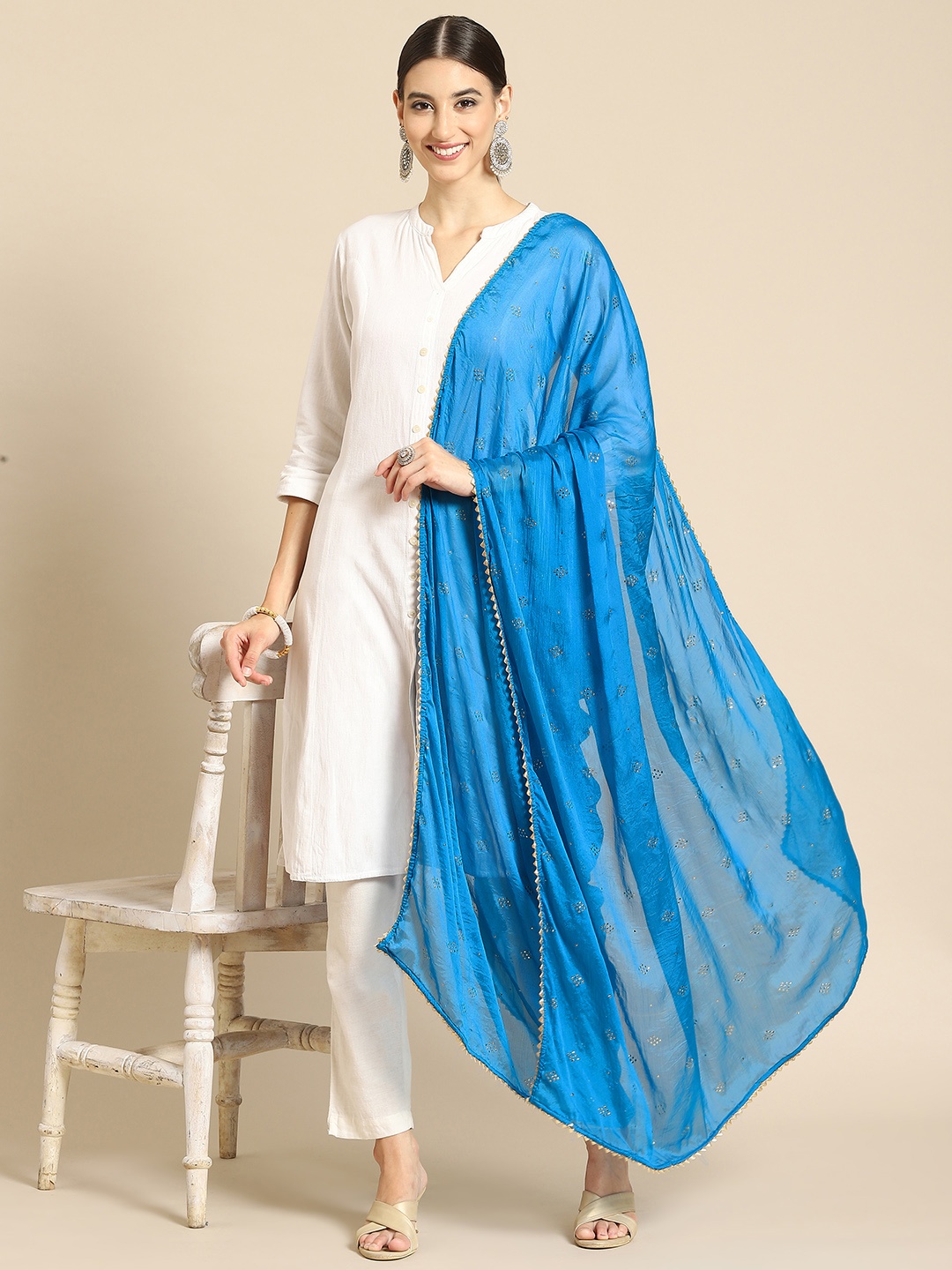 Saadgi Blue & Gold-Toned Mukaish Handwork Gotta Patti Dupatta