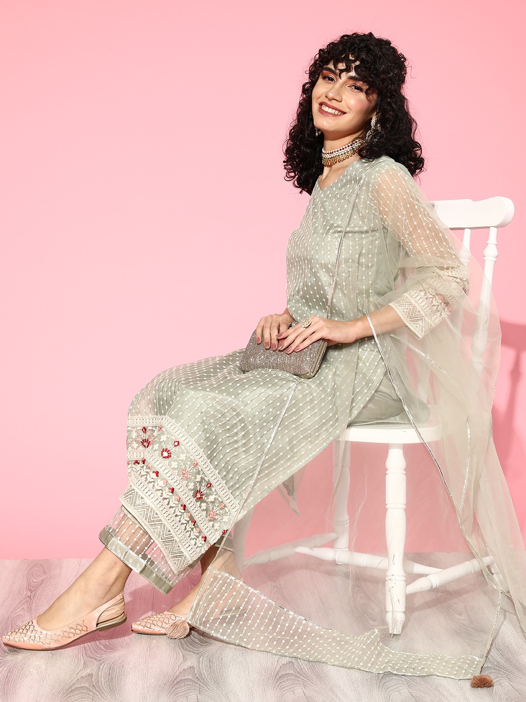 Indo Era Women Striped Net Bling it On Kurta Set, Grey