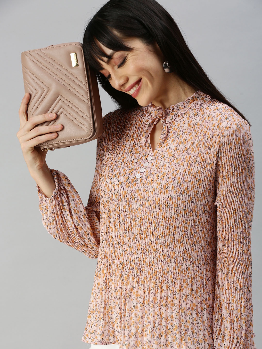 SHOWOFF Pink Floral Print Tie-Up Neck Accordion Pleats Georgette Top