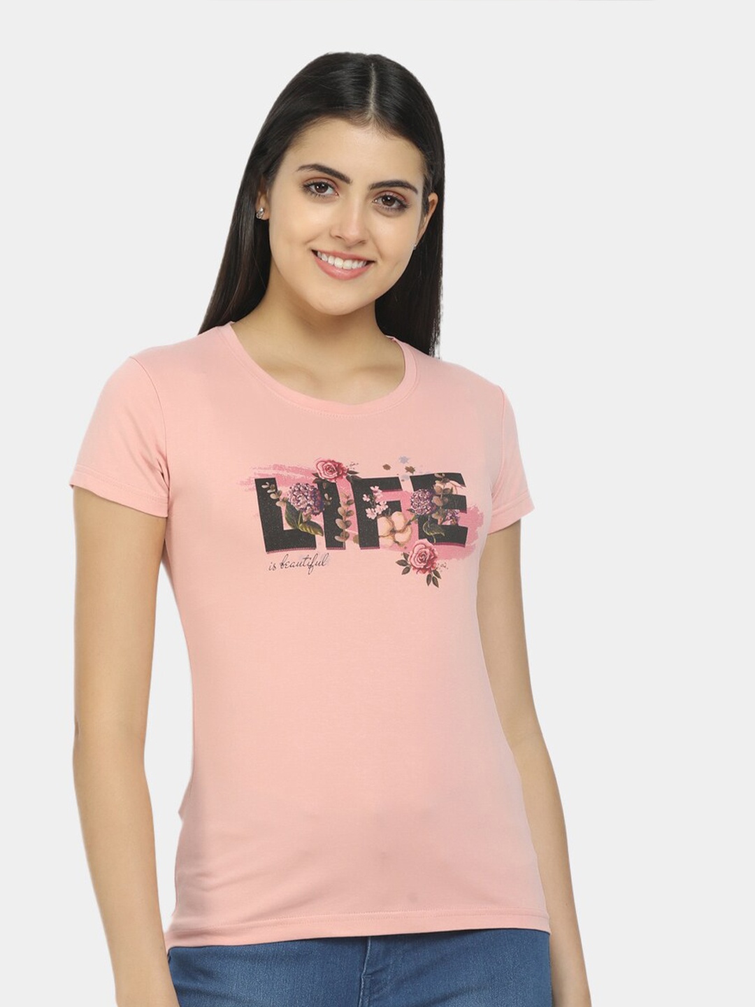 V-Mart Women Pink Typography Printed Extended Sleeves Applique T-shirt