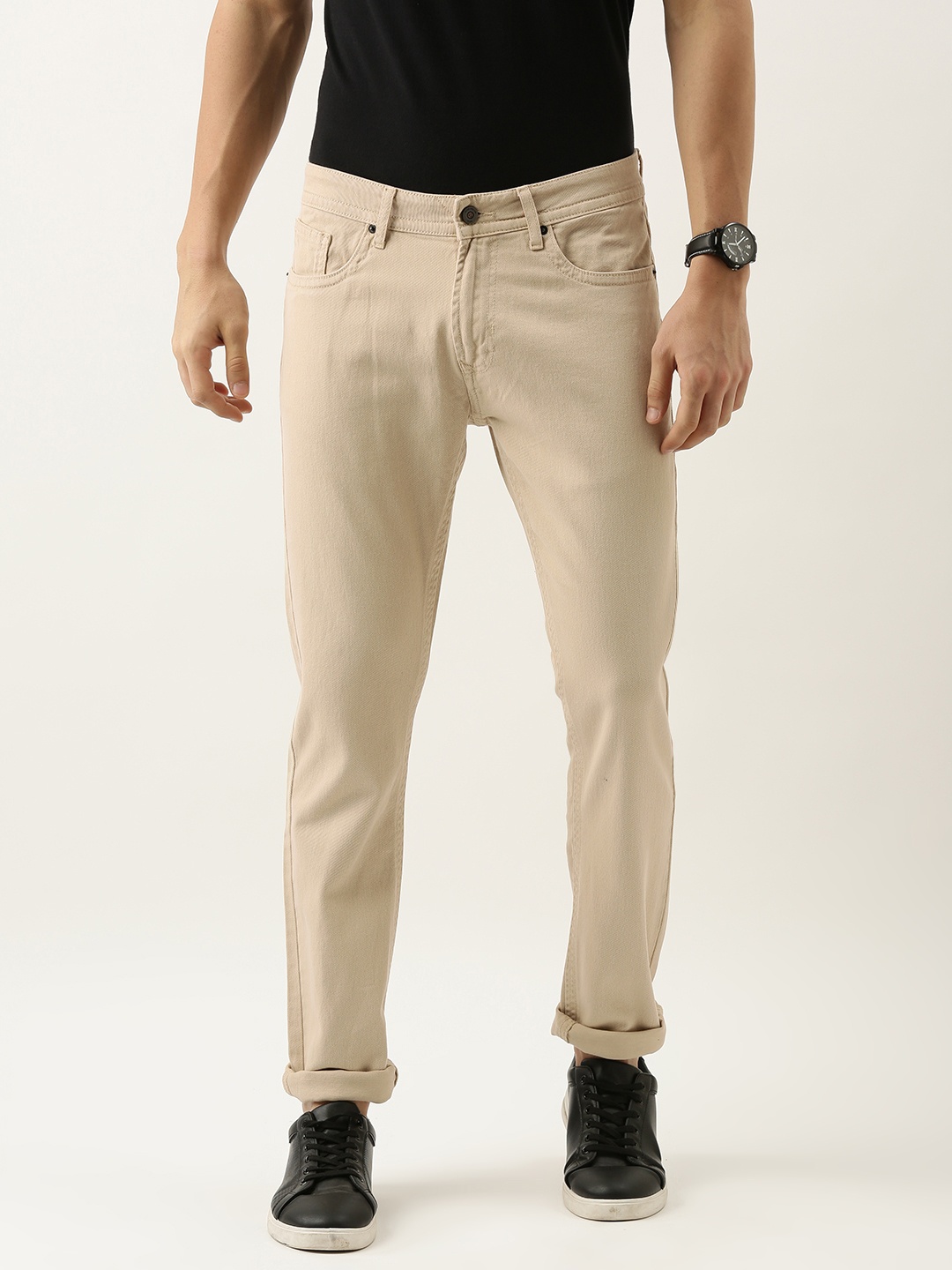 Peter England Casuals Men Beige Slim Fit Mid-Rise Clean Look Stretchable Jeans